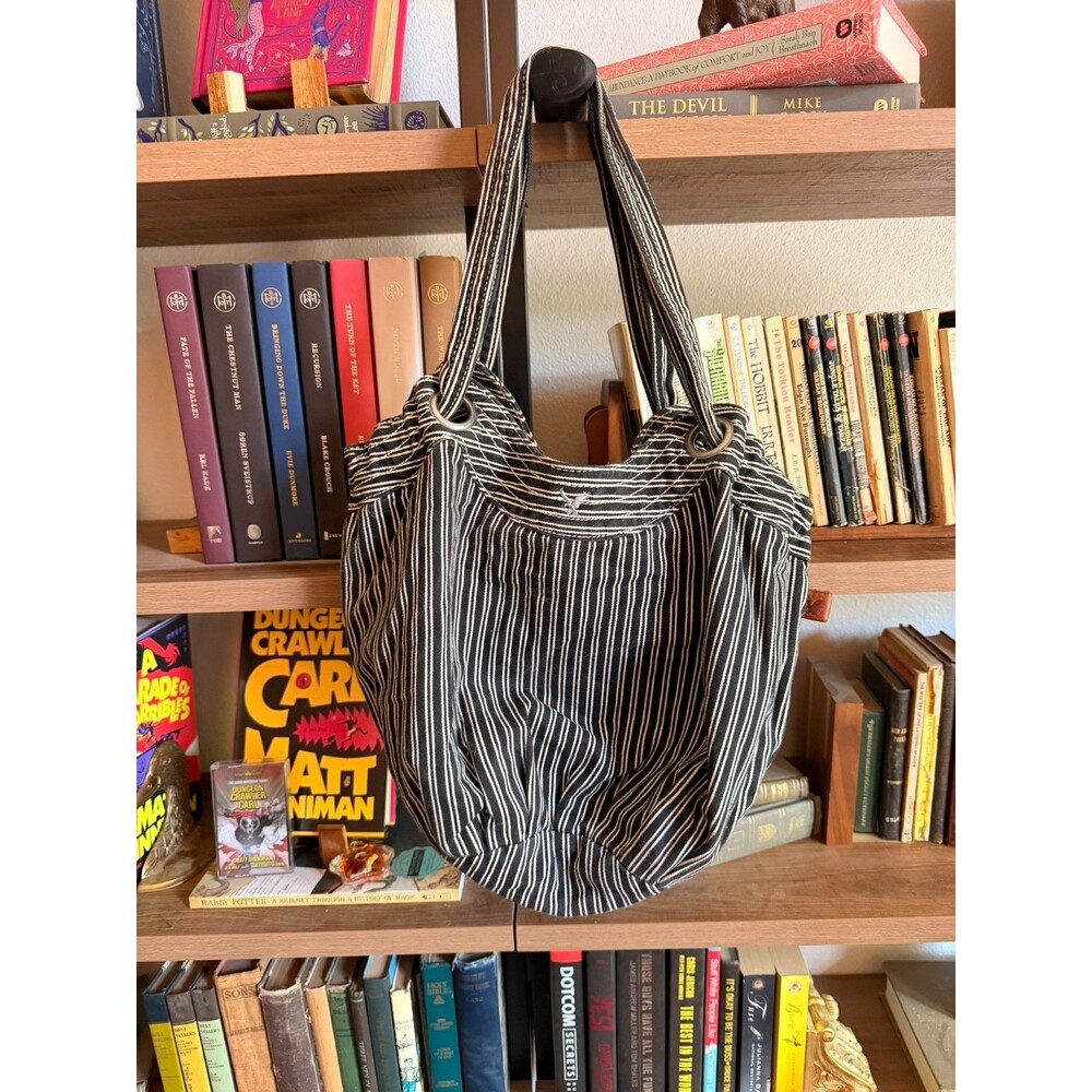 American Eagle Y2k Black White Striped Canvas Slouchy Hobo Shoulder Bag